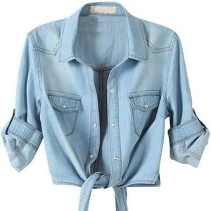 New Women's 3/4 Sleeve Denim Crop Top Tie Knot Shirt